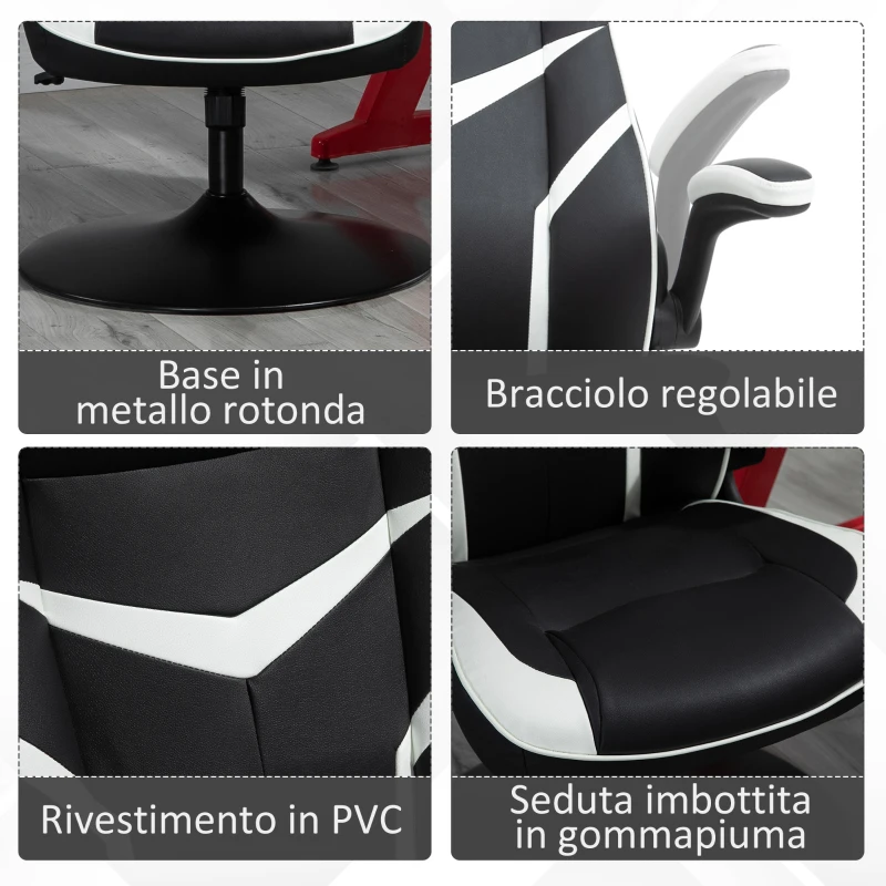 Vinsetto Poltrona da Gaming da Ufficio Ergonomica, Altezza Regolabile, Base Fissa, Braccioli Pieghevoli Nero e Bianco