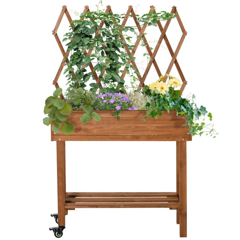 Outsunny Raised Bed with Integrated Trellis, Storage Shelf, Wheels, Solid Wood, Brown, 79 x 29 x 130 cm