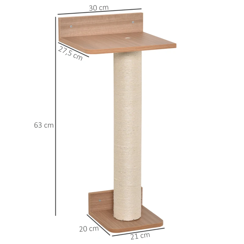 PawHut Kletterwand für Katzen Wandmontierter Katzenbaum Kratzbaum Katzenbretter für Wand Wandkratzbaum mit Katzenkratzmatte Kletterbaum Sisalsäulen Spanplatte Sisal Natürlich 30 x 27,5 x 63 cm