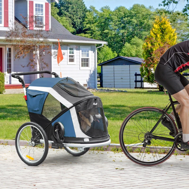 PawHut Remorque à vélo pour chien convertible jogger 2 en 1 pour animaux avec drapeau réflecteurs roues arrières gonflables aluminium