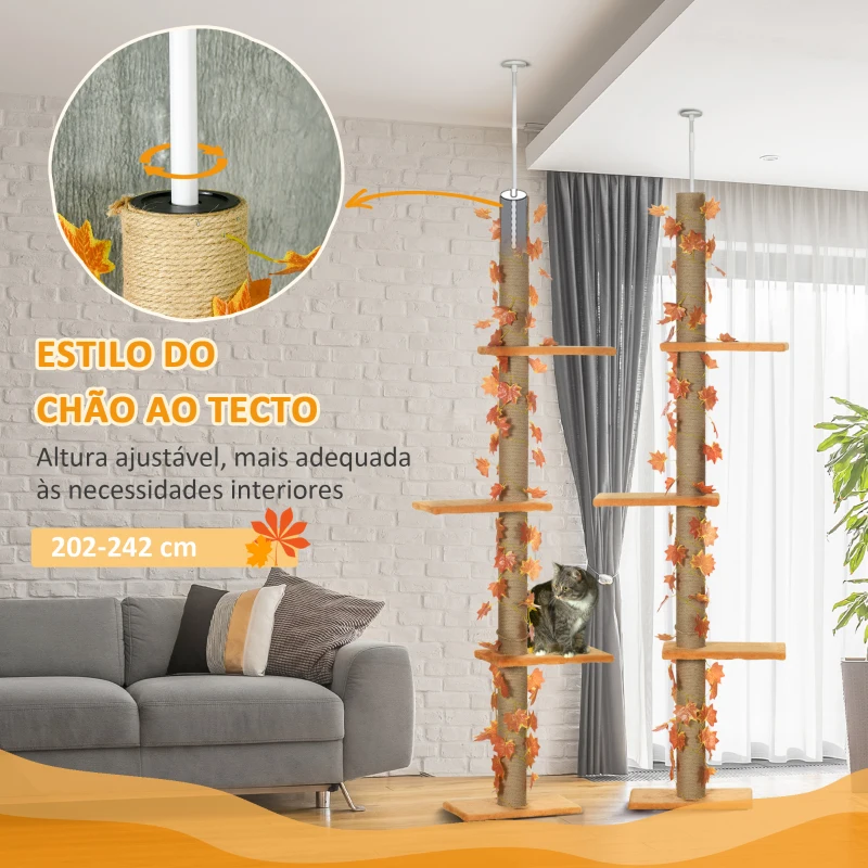 PawHut Árvore para Gatos do Chão ao Teto 37x21x202-242 cm Torre Arranhador para Gatos com Altura Ajustável 3 Plataformas Laranja