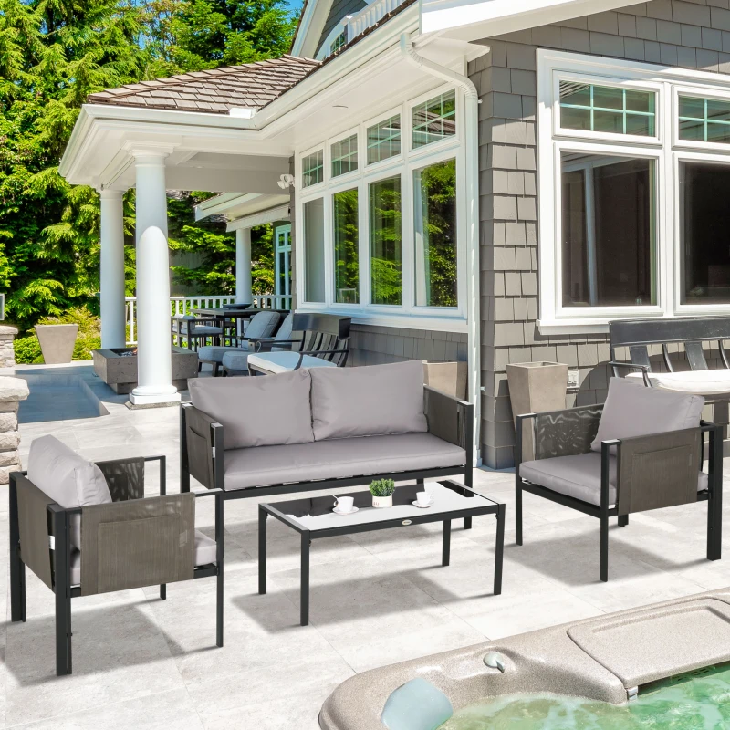 Outsunny 4 Piece Metal Garden Furniture Set - Includes Tempered Glass Coffee Table, Texteline Pocket, Outdoor Patio Set with Loveseat, Single Armchairs and Padded Cushions, Light Grey