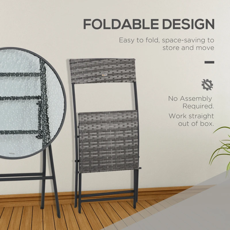 Outsunny 3 Pieces Outdoor PE Rattan Bistro Set - Foldable Wicker Conversation Balcony Furniture Set with Glass Top Table and Chairs, Grey