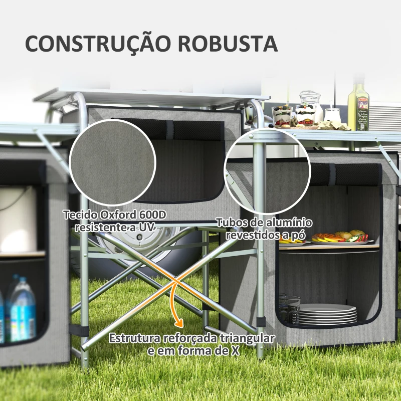 Outsunny Móvel de Cozinha para Campismo Armário Dobrável com 3 Tampos 3 Armários Suporte de Luz 4 Ganchos 172x48x119 cm Cinza