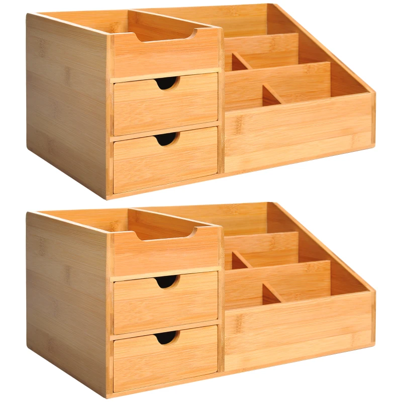 HOMCOM Lot de 2 boîtes de Rangement de Bureau - Organiseur de Bureau - 7 Compartiments, 2 tiroirs - Bambou Verni