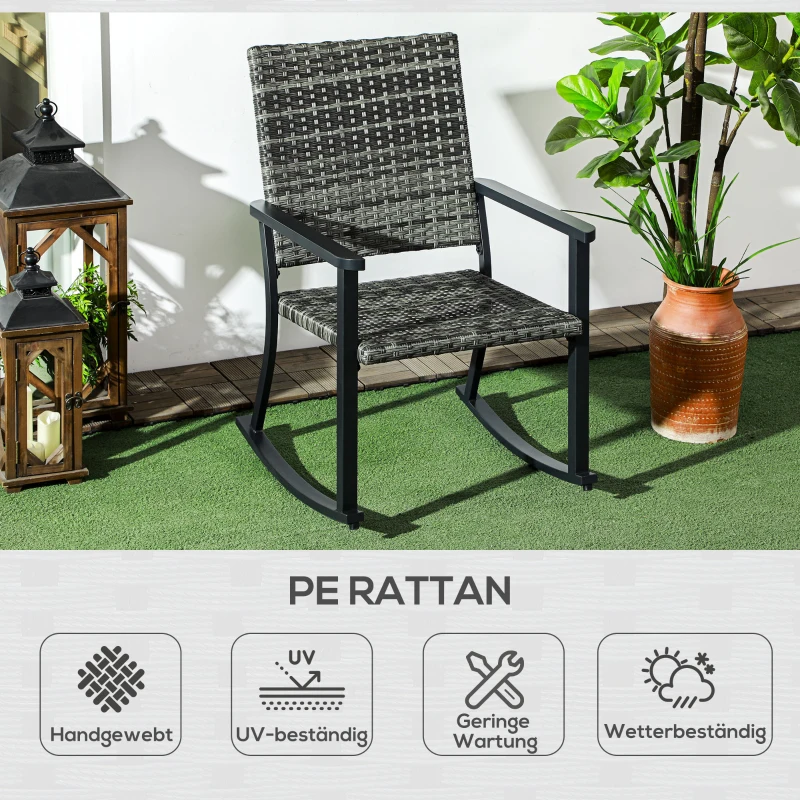 Outsunny Fotel bujany zewnętrzny, imitacja rattanu, stal nierdzewna, 62 x 75 x 95 cm, Szary/Czarny