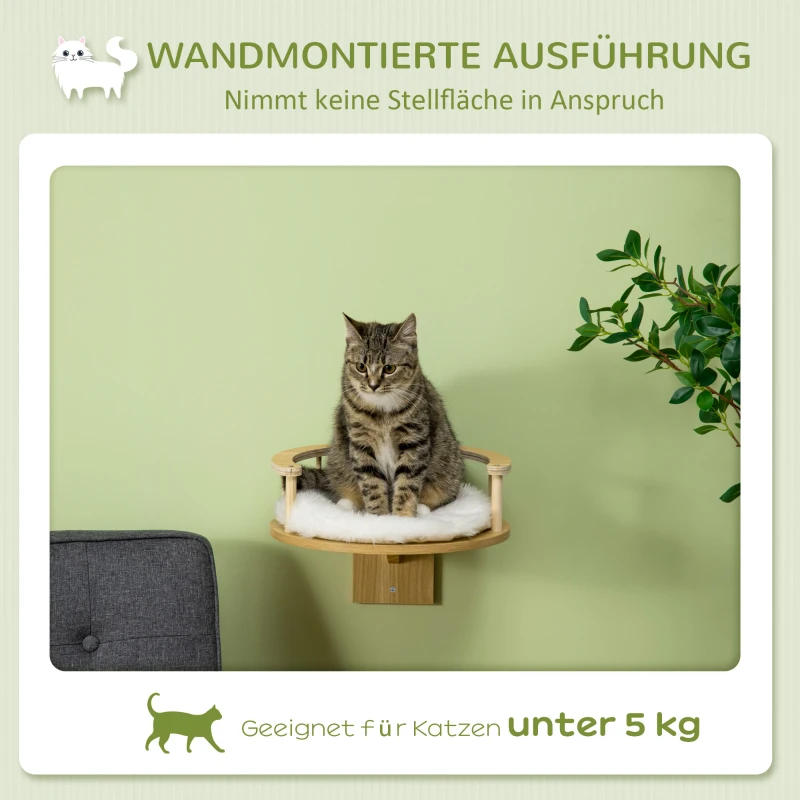 PawHut kattenklimwand, kattenbed voor aan de muur, kattenbed voor wandmontage, kattenhangmat, kattenplatform met kussen, kattenmeubilair, eiken+crèmewit, Ø34 x 10,5 cm