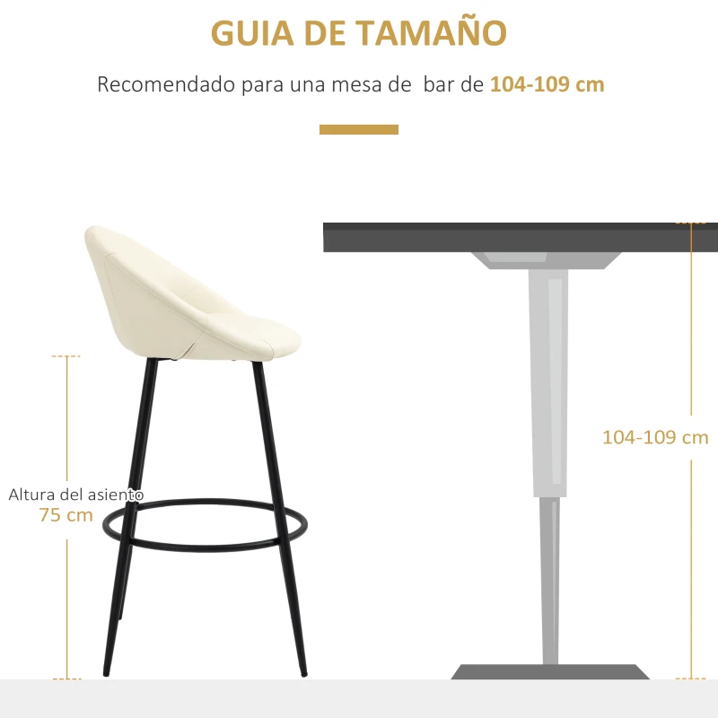HOMCOM Juego de 2 Taburetes Altos de Cocina Tapizado en PU Taburetes de Bar Estilo Moderno 54x48,5x96 cm Crema