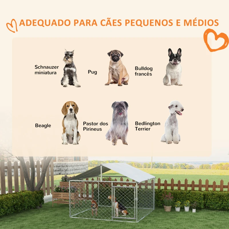 PawHut Canil de Exterior para Cães Médios Gaiola para Cães com Fechadura Toldo Impermeável e Anti-UV 200x200x150 cm Prata