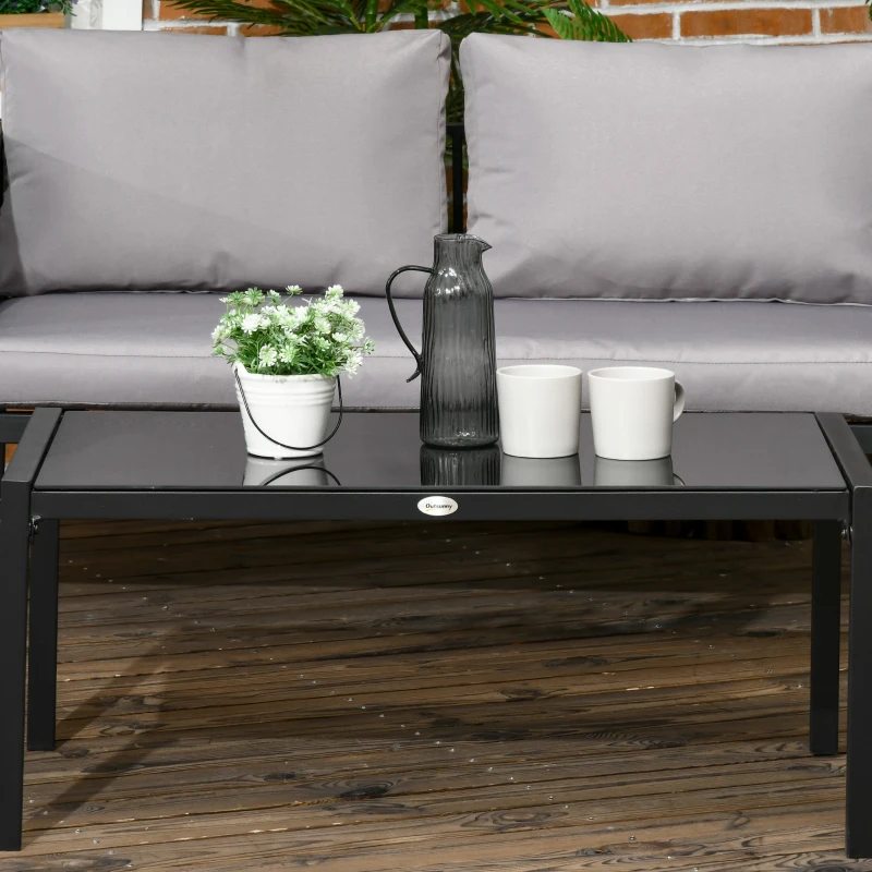 Outsunny 4 Piece Metal Garden Furniture Set - Includes Tempered Glass Coffee Table, Texteline Pocket, Outdoor Patio Set with Loveseat, Single Armchairs and Padded Cushions, Light Grey