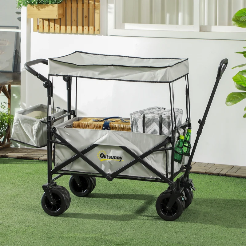 Outsunny Folding Trolley Cart Storage Wagon Beach Trailer 4 Wheels with Handle Overhead Canopy Cart Push Pull for Camping, Grey