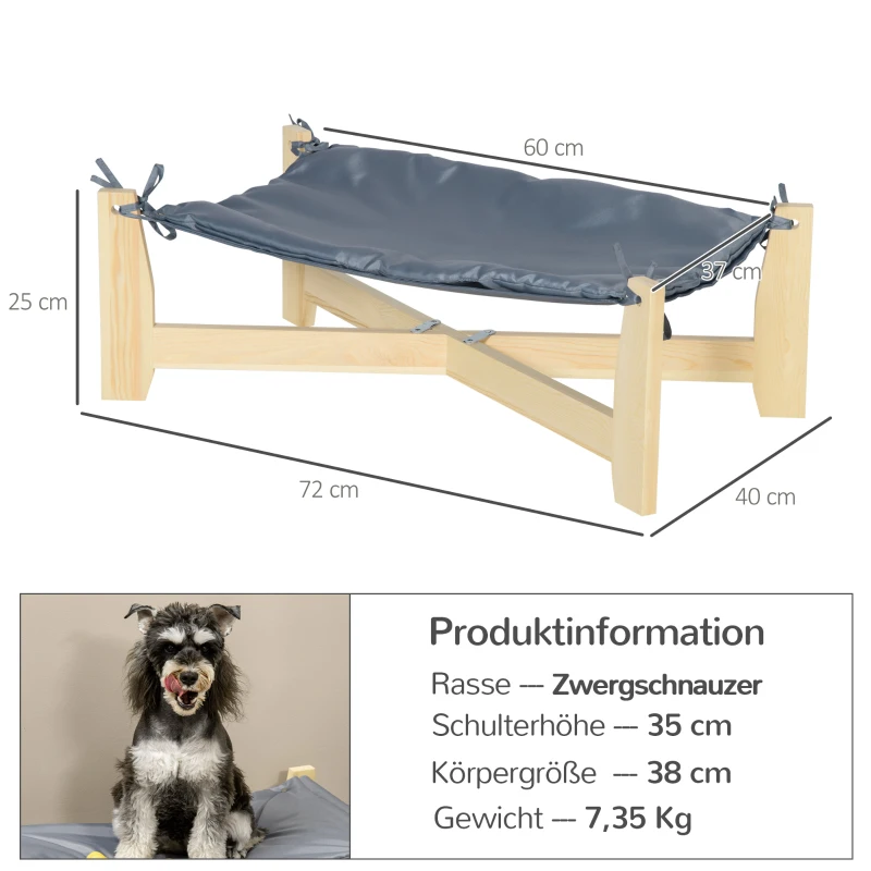 PawHut Pet Bed with Cushion Dog Sleeping Place for Indoor and Outdoor Elevated Design Pine Wood Natural + Light Gray 72 x 40 x 25 cm