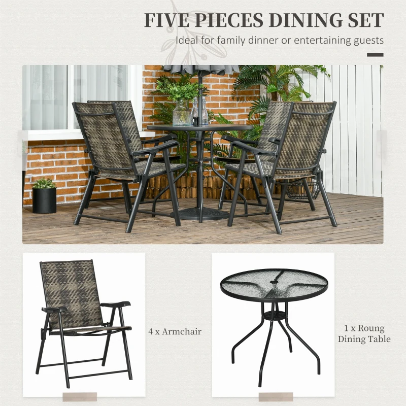 Outsunny 5 Pieces PE Rattan Dining Sets - 80cm Round Glass Top Garden Dining Table with Umbrella Hole, Outdoor Folding Armchair for Camping, Mixed Grey
