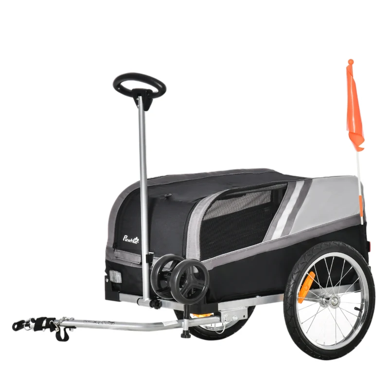 PawHut 2-in-1 Hundeanhänger Trolley Lastenanhänger lagerbar Zustange Flagge atmungsaktiv Metall Oxford- Gewebe Schwarz + Silber 130 x 64 x 92 cm