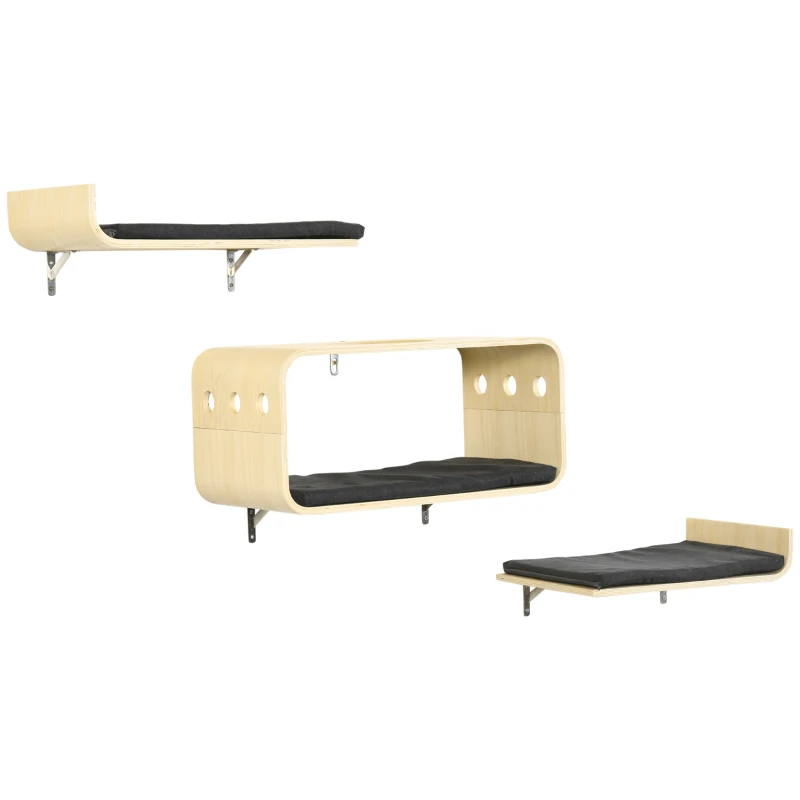 PawHut Kletterwand für Katzen, 2 Liegeflächen, 1 Katzenhöhle, abnehmbare Bezüge 59 cm x 30 cm x 27,5 cm, Natur + Schwarz