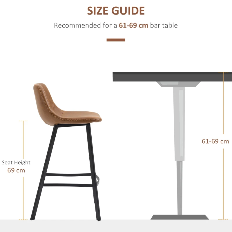 HOMCOM Bar Stools Set of 2 - Industrial Kitchen Stool, Upholstered Bar Chairs with Back, Steel Legs, Brown(m-7)