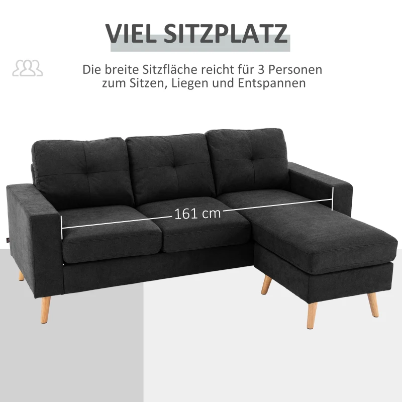 HOMCOM 3-zits hoekbank, linnenlook, omkeerbare chaise longue, 193x136x85 cm, zwart(m-5)