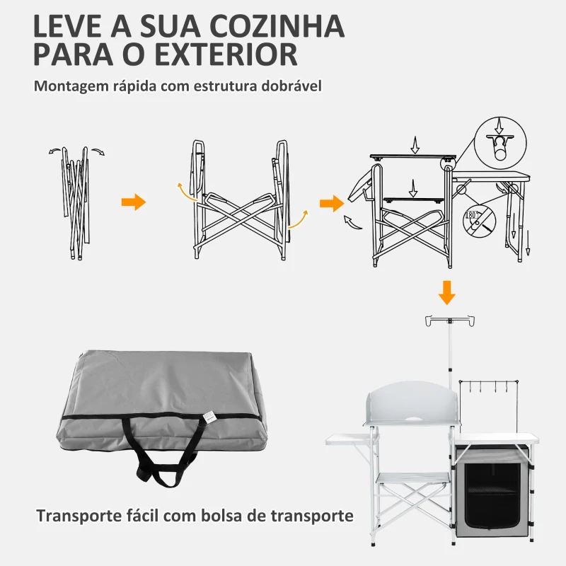 Outsunny Móvel de Cozinha para Campismo Dobrável com Mesas Estante Suporte de Luz e Ganchos 144x48x119 cm Prata e Cinza Claro