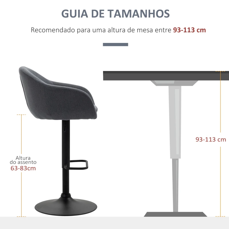 HOMCOM Banco Alto de Cozinha com Altura Ajustável Banco de Bar Estofado com Apoio para o Pés 54x54x92-112 cm Cinza Escuro