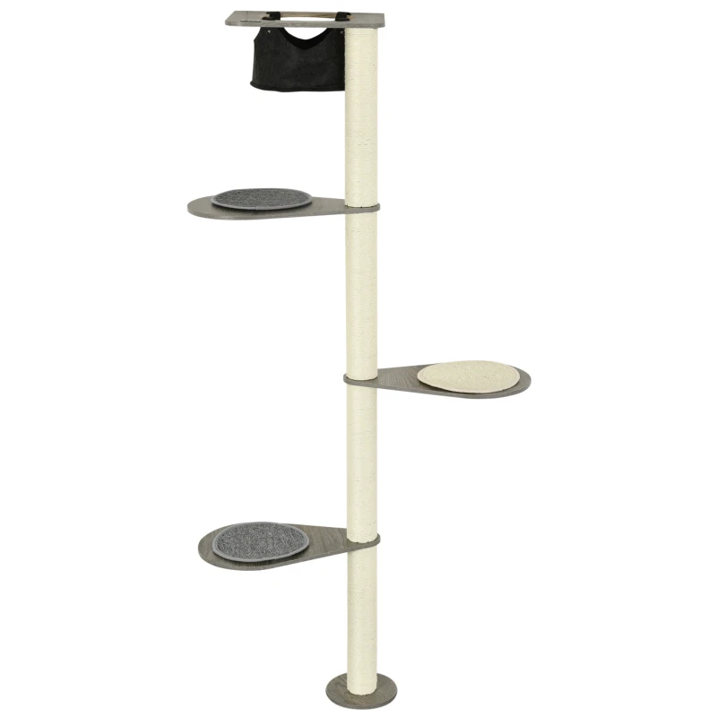 PawHut Drapak z Hamakiem, 3 Poziomy, Sznurek sizalowy, 50 cm x 34 cm x 185 cm, Szary + Naturalny