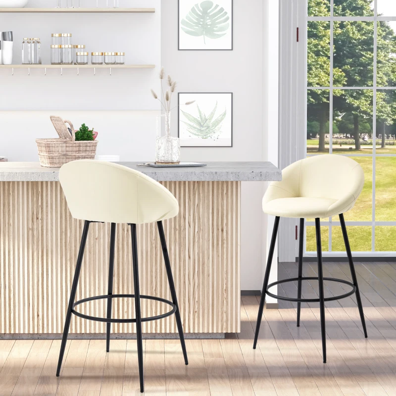 HOMCOM Juego de 2 Taburetes Altos de Cocina Tapizado en PU Taburetes de Bar Estilo Moderno 54x48,5x96 cm Crema