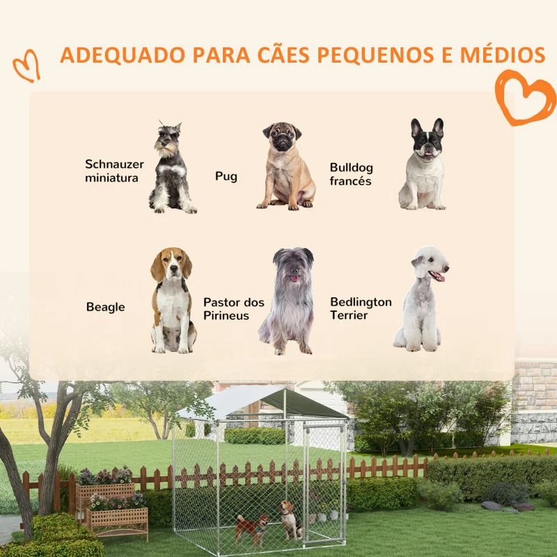 PawHut Canil de Exterior para Cães Médios Gaiola para Cães com Fechadura Toldo Impermeável e Anti-UV 200x200x237 cm Prata