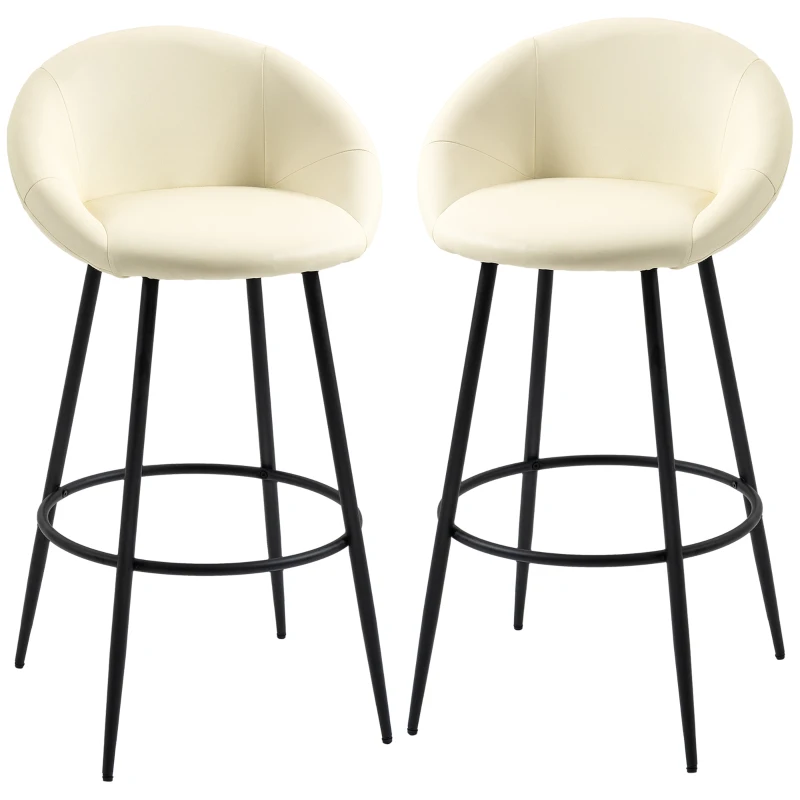 HOMCOM Juego de 2 Taburetes Altos de Cocina Tapizado en PU Taburetes de Bar Estilo Moderno 54x48,5x96 cm Crema