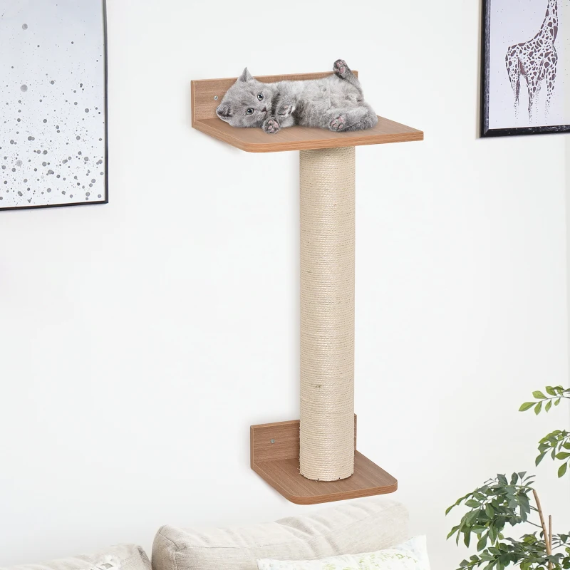 PawHut Kletterwand für Katzen Wandmontierter Katzenbaum Kratzbaum Katzenbretter für Wand Wandkratzbaum mit Katzenkratzmatte Kletterbaum Sisalsäulen Spanplatte Sisal Natürlich 30 x 27,5 x 63 cm