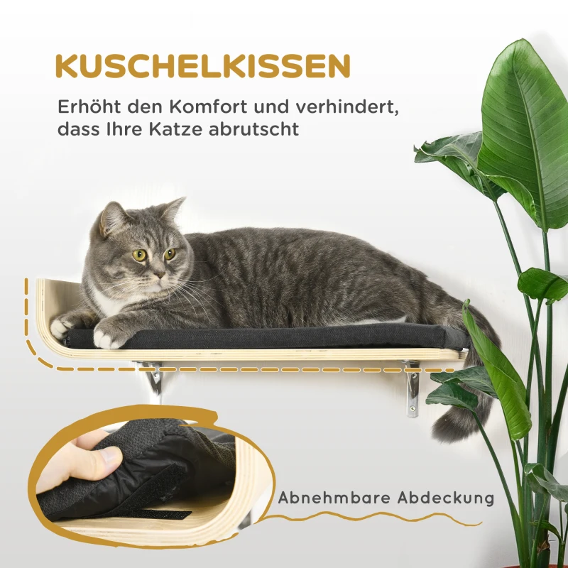 PawHut Kletterwand für Katzen, 2 Liegeflächen, 1 Katzenhöhle, abnehmbare Bezüge 59 cm x 30 cm x 27,5 cm, Natur + Schwarz