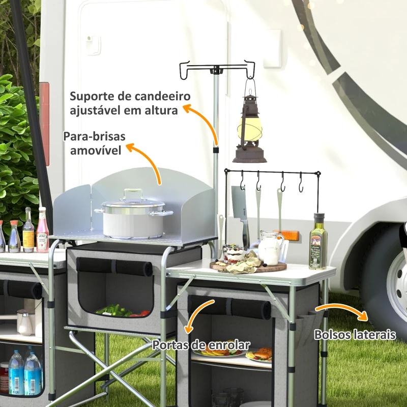 Outsunny Móvel de Cozinha para Campismo Armário Dobrável com 3 Tampos 3 Armários Suporte de Luz 4 Ganchos 172x48x119 cm Cinza