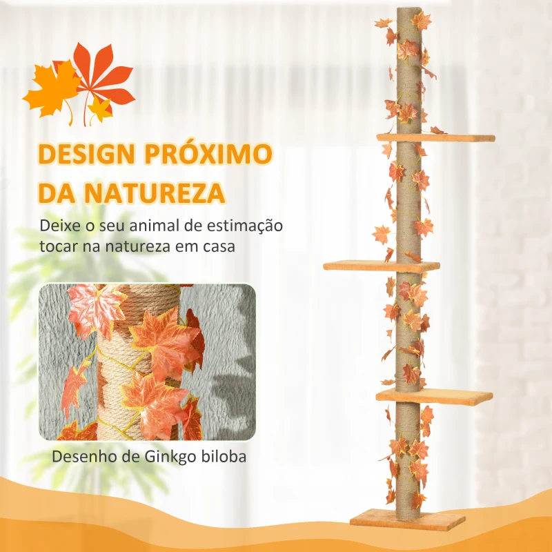 PawHut Árvore para Gatos do Chão ao Teto 37x21x202-242 cm Torre Arranhador para Gatos com Altura Ajustável 3 Plataformas Laranja