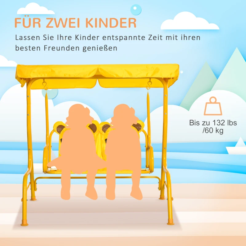Outsunny Kinder Hollywoodschaukel 2-Sitzer Kinderschaukel mit verstellbarem Sonnendach Gartenschaukel für 3-6 Jahre Kinder Metall Gelb 110 x 74 x 113 cm