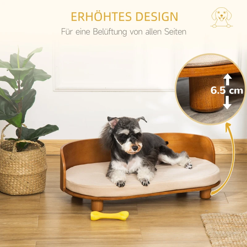 PawHut Haustiersofa Hundesofa mit Kissen Erhöhtes Katzensofa Hundecouch Hundebett mit Kissen Indoor weich Mehrschichtenplatte Braun+Cremeweiß 71 x 42,5 x 23 cm