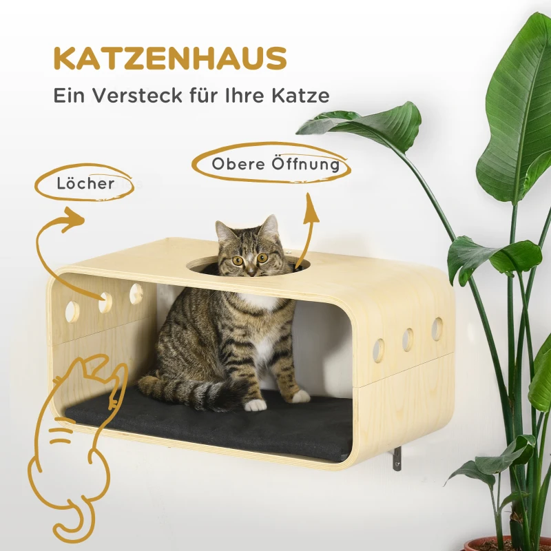 PawHut Kletterwand für Katzen, 2 Liegeflächen, 1 Katzenhöhle, abnehmbare Bezüge 59 cm x 30 cm x 27,5 cm, Natur + Schwarz