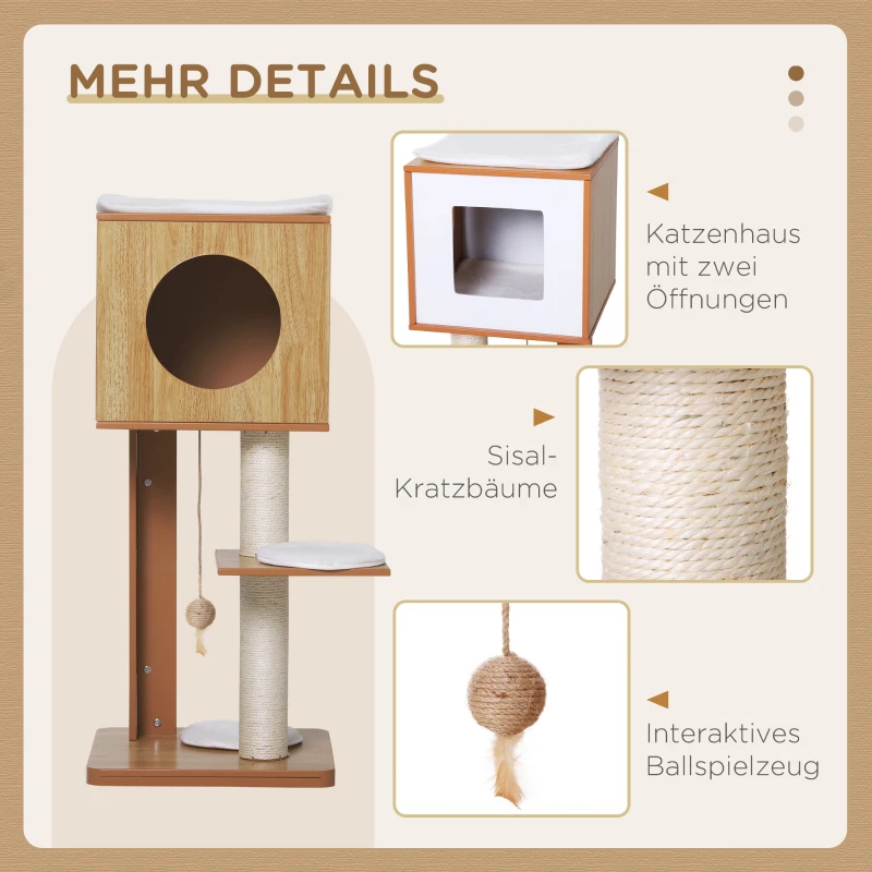 PawHut Kratzbaum Katzenbaum Katzenmöbel mit Höhle & Sisalpfosten 4 Kissen MDF 50 x 40 x 91 cm
