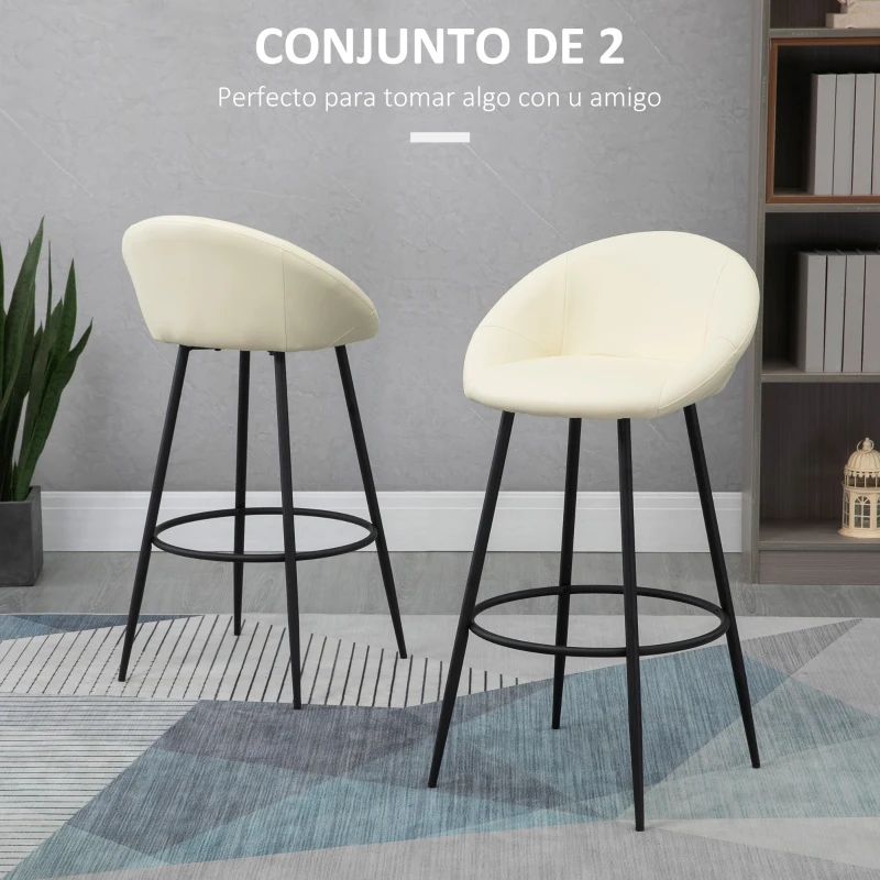 HOMCOM Juego de 2 Taburetes Altos de Cocina Tapizado en PU Taburetes de Bar Estilo Moderno 54x48,5x96 cm Crema