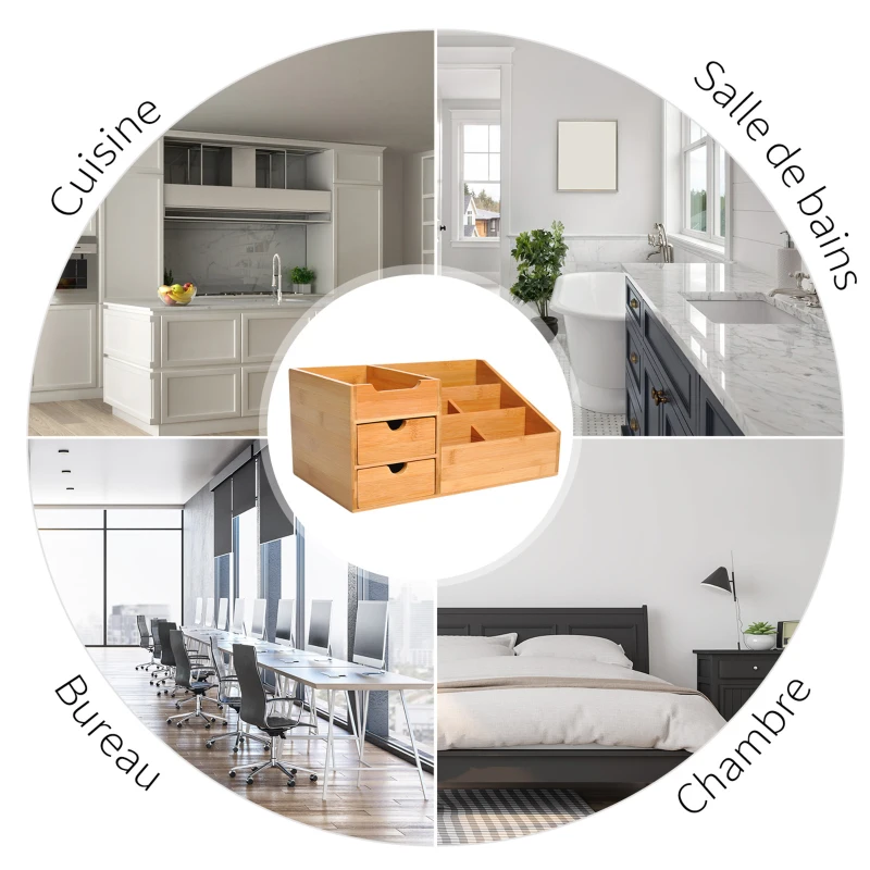 HOMCOM Lot de 2 boîtes de Rangement de Bureau - Organiseur de Bureau - 7 Compartiments, 2 tiroirs - Bambou Verni