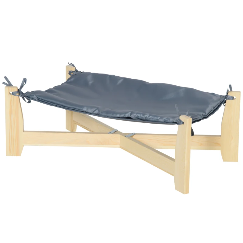 PawHut Pet Bed with Cushion Dog Sleeping Place for Indoor and Outdoor Elevated Design Pine Wood Natural + Light Gray 72 x 40 x 25 cm