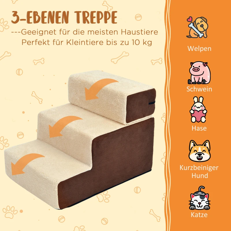 PawHut Hondentrap 3 treden kattentrap huisdierentrap huisdier pluche beige