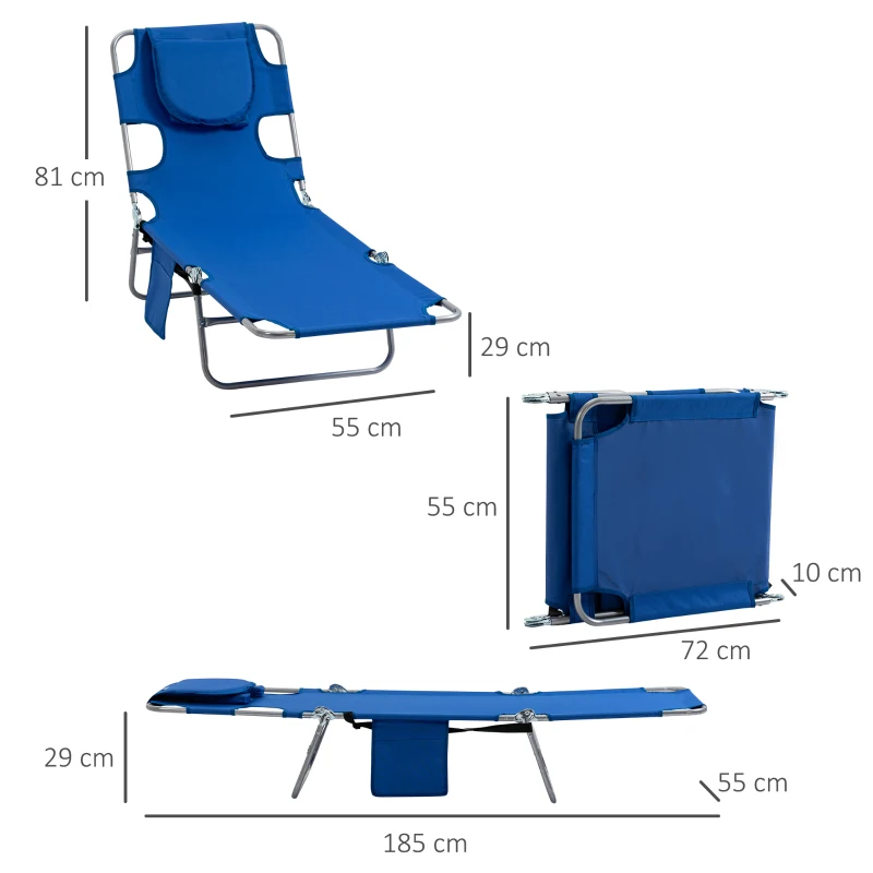Outsunny Foldable Sun Lounger with Reading Hole, Portable Sun Lounger with 5 Level Adjustable Backrest, Reclining Lounge Chair with Side Pocket, Headrest Pillow, Blue