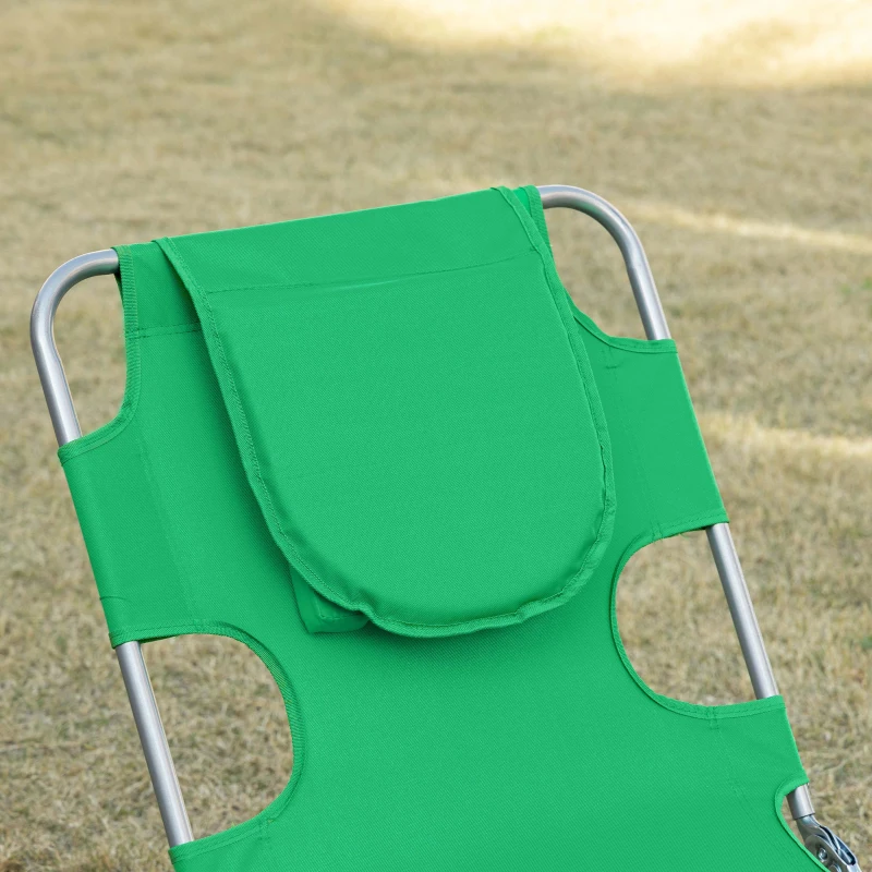 Outsunny Foldable Sun Lounger with Reading Hole, Portable Sun Lounger with 5 Level Adjustable Backrest, Reclining Lounge Chair with Side Pocket, Headrest Pillow, Green