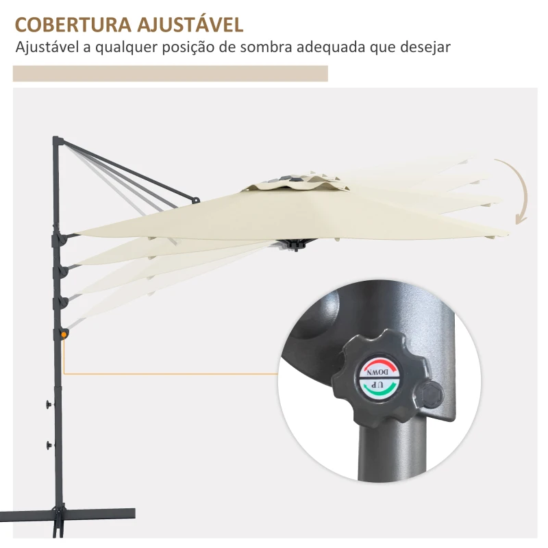 Outsunny Chapéu de Sol Excêntrico Ø294x242 cm Chapéu de Sol com Altura Ajustável Mastro Giratório 360° Ângulo Ajustável Creme