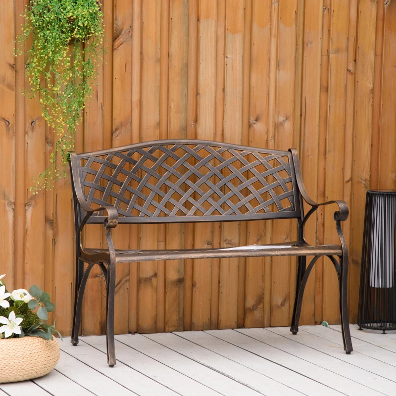 Outsunny Cast Aluminium Outdoor Garden Bench 2 Seater Antique Patio Loveseat, Bronze