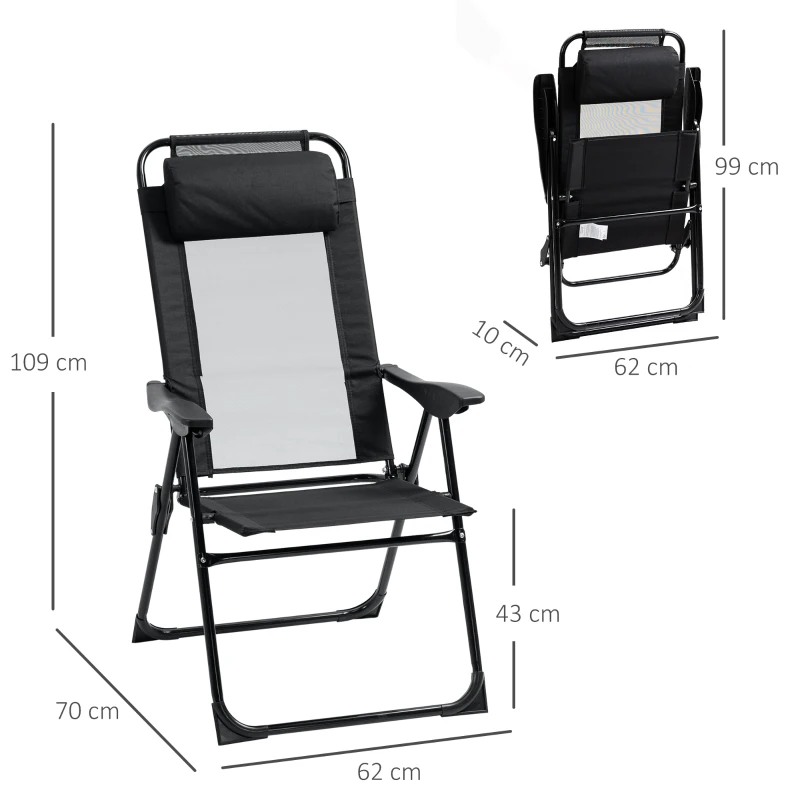 Outsunny Set of 2 Portable Folding Recliners Metal Outdoor Patio Chaise Lounge Chairs with Adjustable Backrest, Black