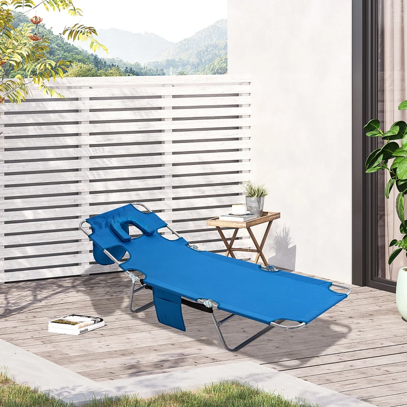 Outsunny Foldable Sun Lounger with Reading Hole, Portable Sun Lounger with 5 Level Adjustable Backrest, Reclining Lounge Chair with Side Pocket, Headrest Pillow, Blue