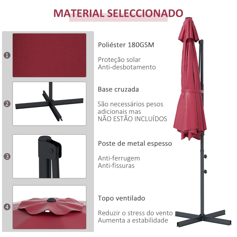 Outsunny Chapéu de Sol Excêntrico Ø294x242 cm Chapéu de Sol com Altura Ajustável Mastro Giratório 360° Ângulo Ajustável Vinho