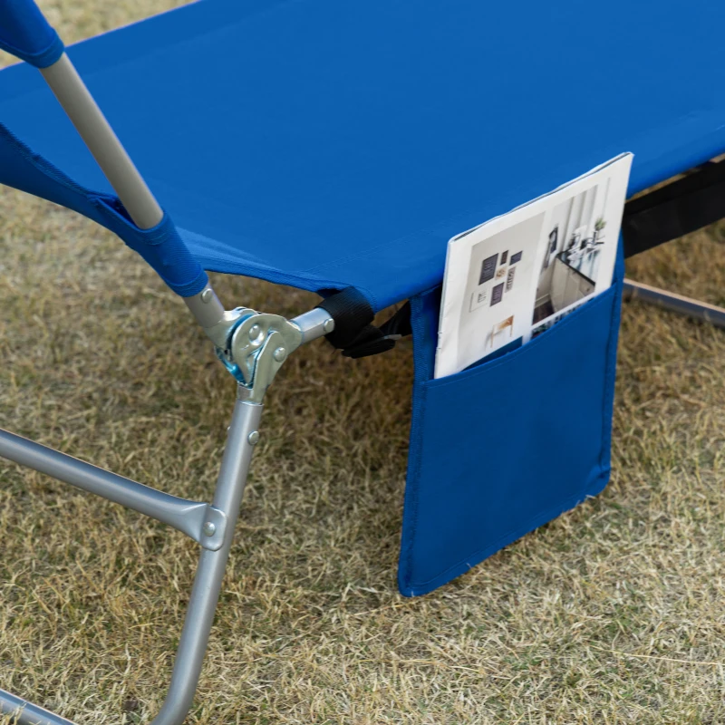 Outsunny Foldable Sun Lounger with Reading Hole, Portable Sun Lounger with 5 Level Adjustable Backrest, Reclining Lounge Chair with Side Pocket, Headrest Pillow, Blue