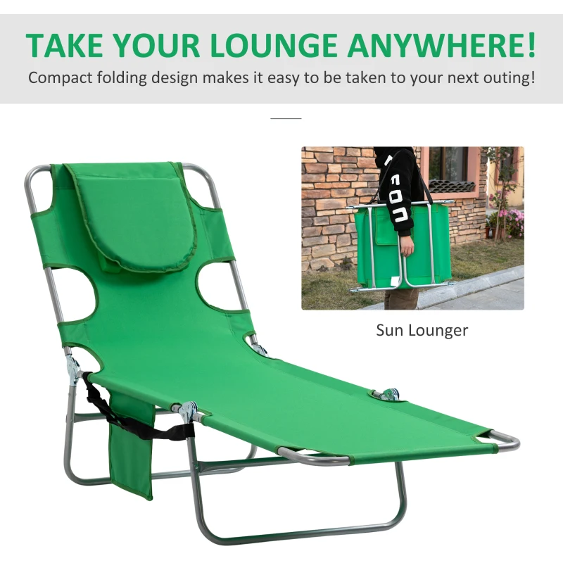 Outsunny Foldable Sun Lounger with Reading Hole, Portable Sun Lounger with 5 Level Adjustable Backrest, Reclining Lounge Chair with Side Pocket, Headrest Pillow, Green