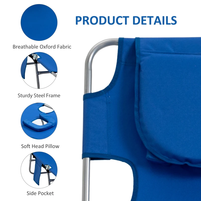 Outsunny Foldable Sun Lounger with Reading Hole, Portable Sun Lounger with 5 Level Adjustable Backrest, Reclining Lounge Chair with Side Pocket, Headrest Pillow, Blue