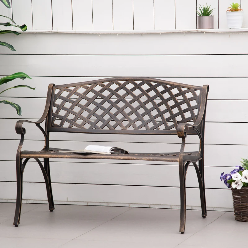 Outsunny Cast Aluminium Outdoor Garden Bench 2 Seater Antique Patio Loveseat, Bronze